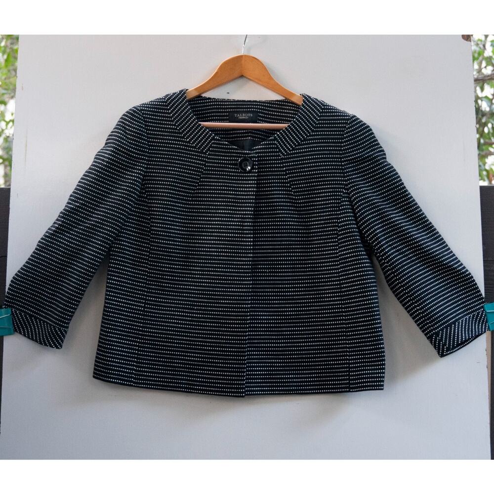 Talbots Jacket Womens Crop Single Button Closure‎ Black White Blazer Size 12